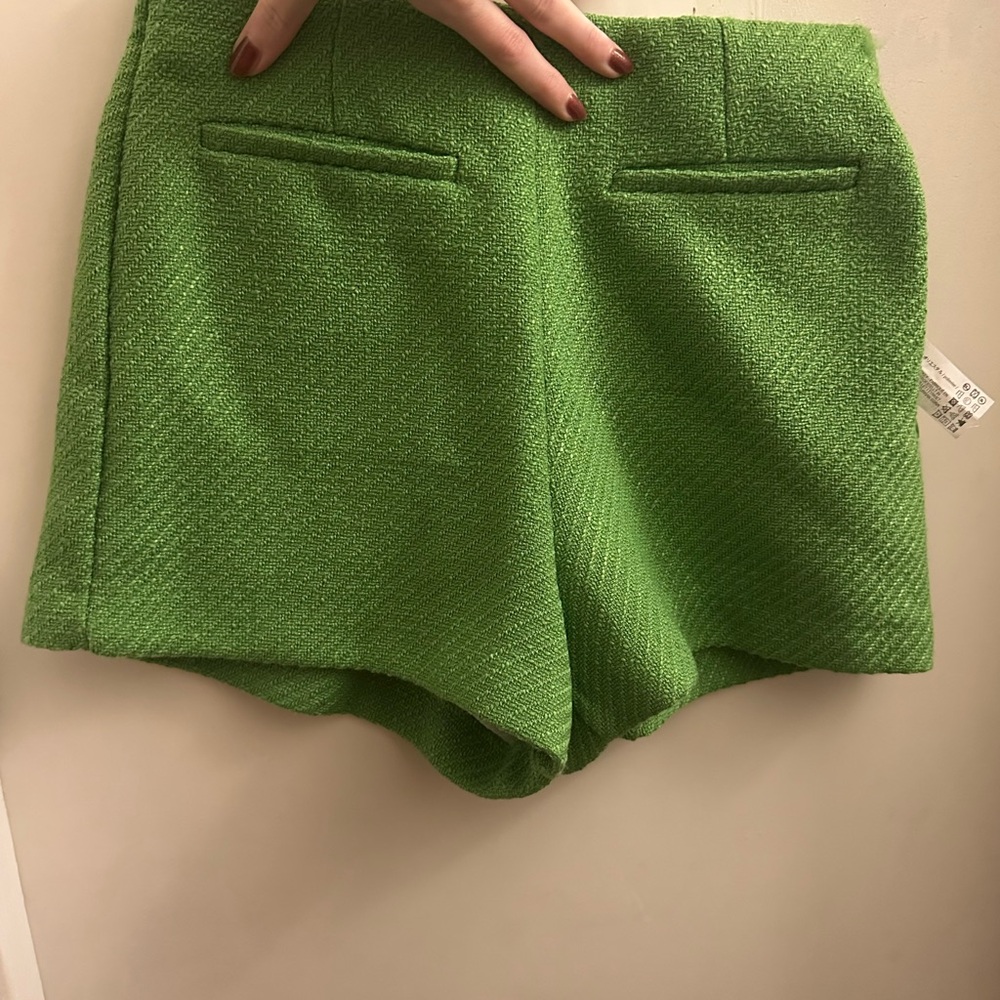 Zara High Waist Green Shorts with Textured Fabric